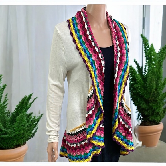 Double Zero Boho Cardigan Colorful Crochet Trim Cardigan - Picture 2 of 16
